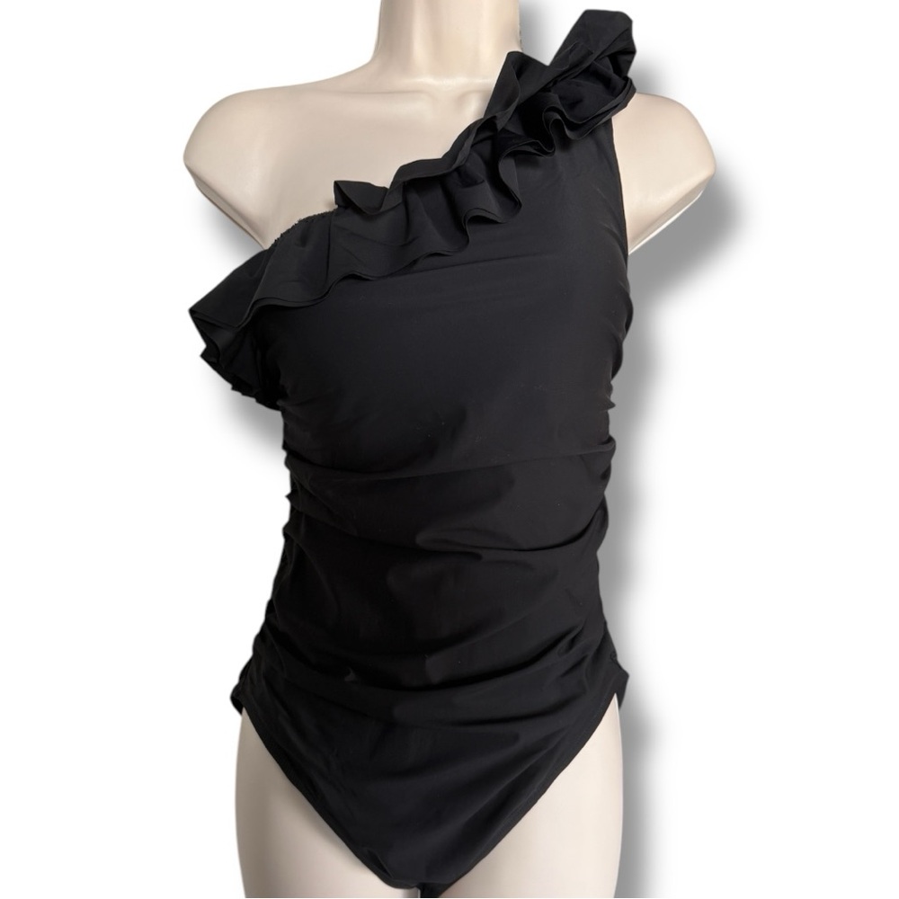 J. Crew Matte Ruffle One Shoulder One Piece Swimsuit Size 10 Black - Picture 3 of 6